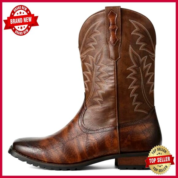 Men's Western Cowboy Boots Pull On Square Toe Chunky Heel Work Casual - Picture 5 of 6